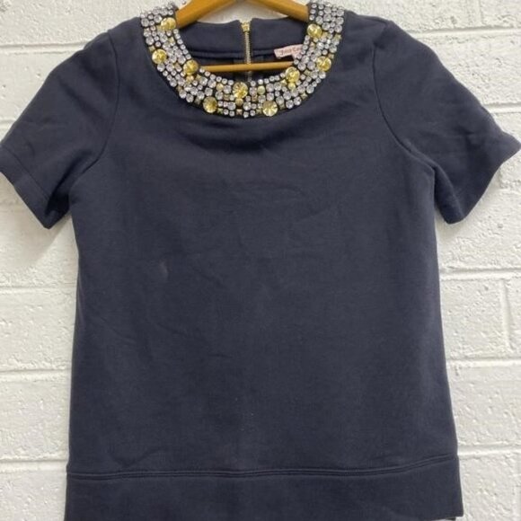 Juicy Couture Vintage Navy Studded Embellished Neck Short Sleeve Blouse sz Small - Picture 1 of 4
